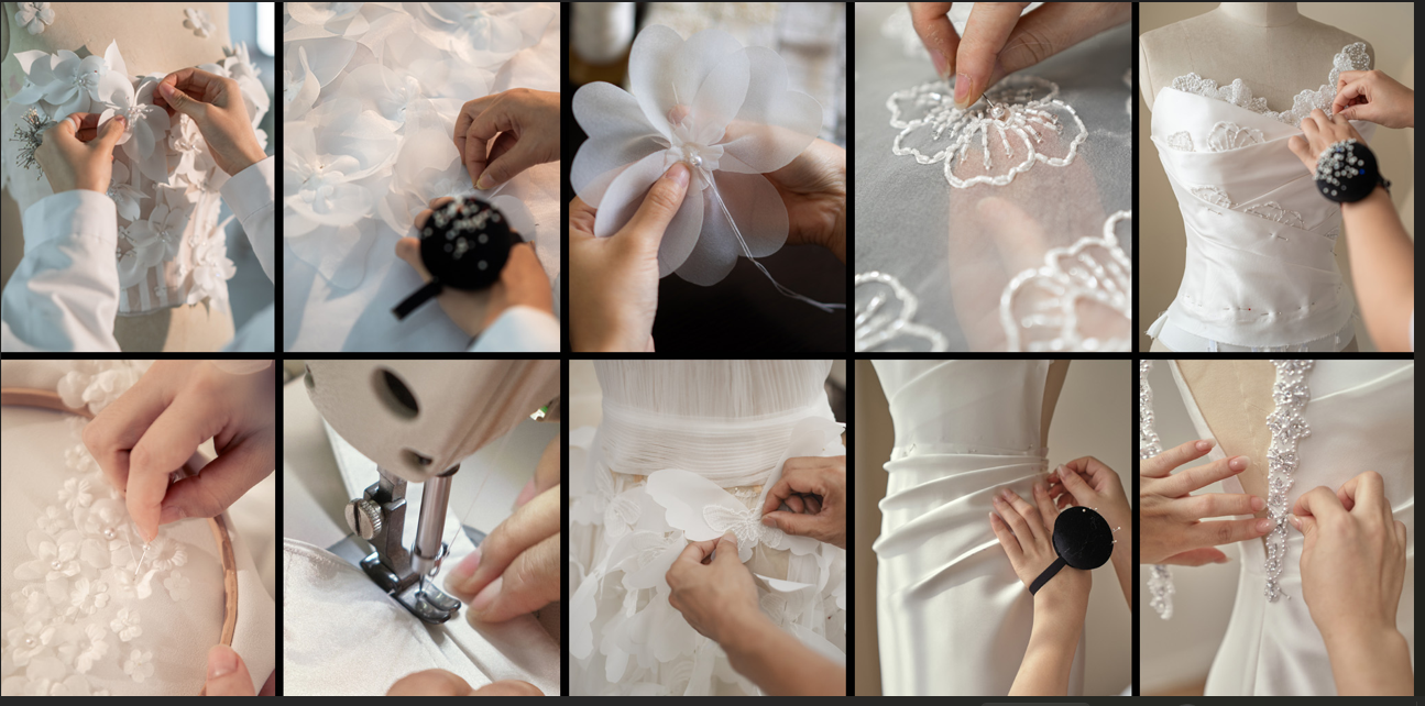 Close-up views of hand-sewn floral appliques, beading, tailoring and bridal gown construction